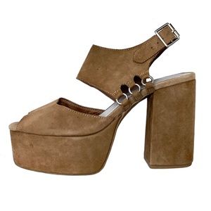 Jeffrey Campbell Umeko vintage style chunky deep tan suede platform sandals 8